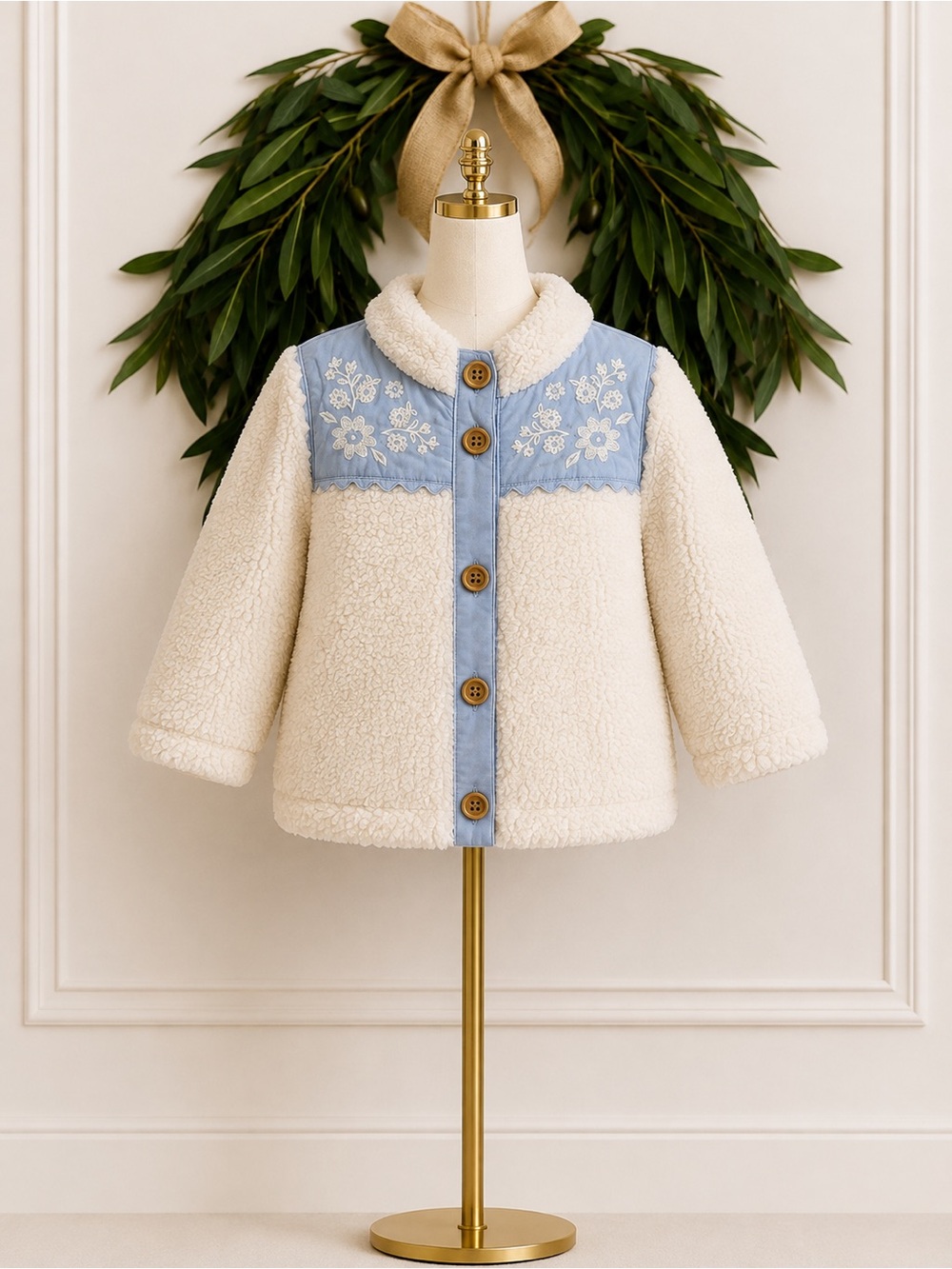 Old Navy Baby Ivory Light Blue Fleece Embroidered Jacket Coat